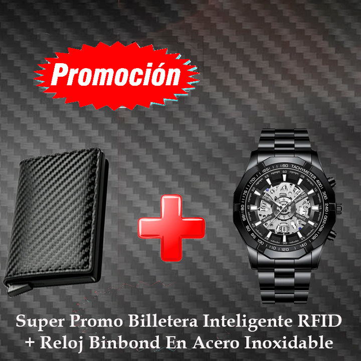 Combo Billetera Inteligente Tech RFID + Reloj Original Binbond en Acero Inoxidable